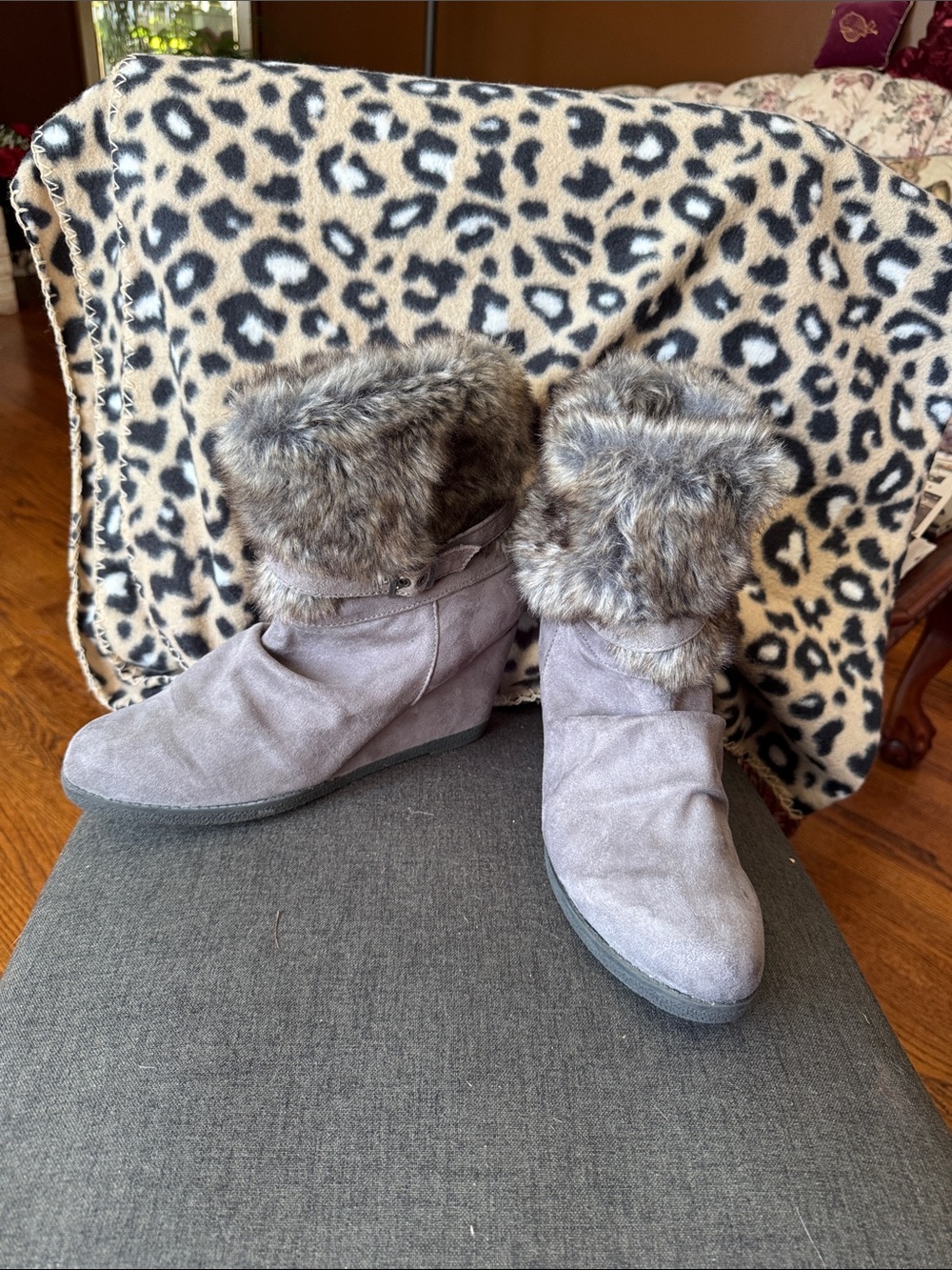 Faux Fur Cuff Suede Wedge Ankle Boots — Taupe